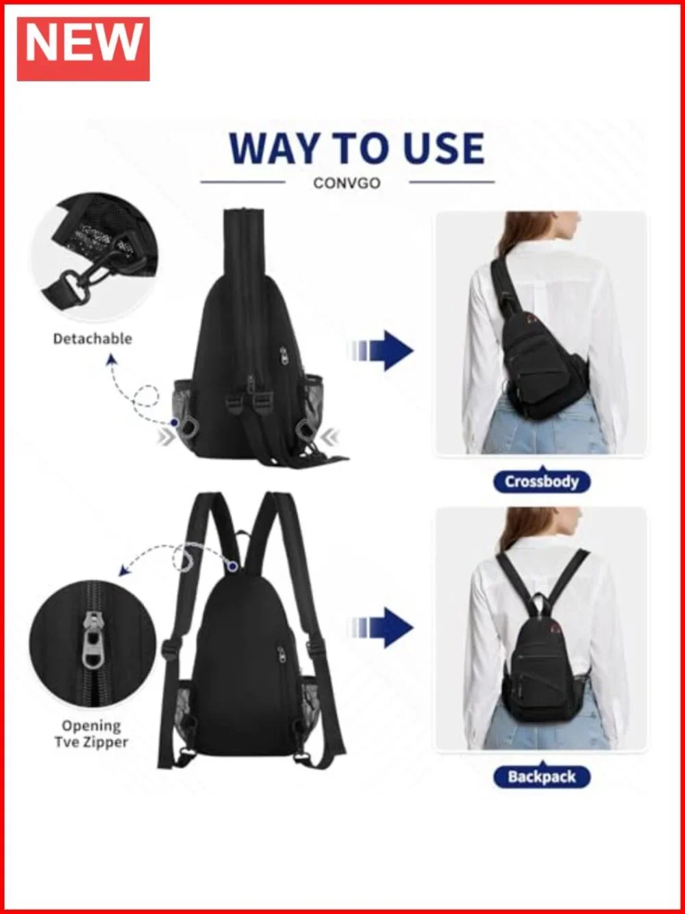 Convertible Anti-Theft Sling Bag Crossbody Backpack 3-in-1 Nylon Travel Daypack